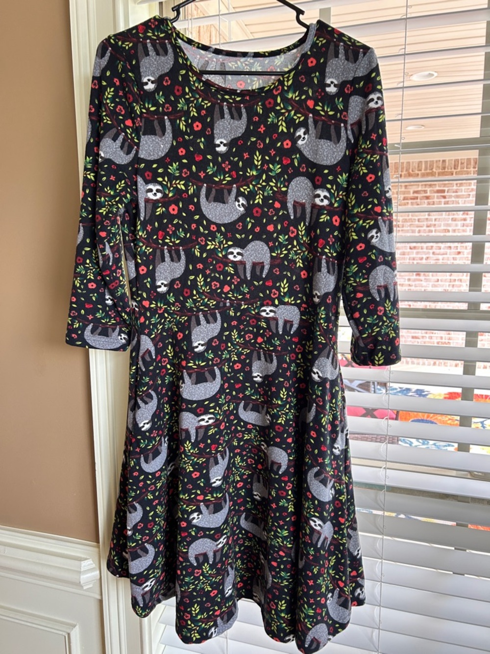 Womens Black Sloth Print Swing Dress - Playful Floral Accent